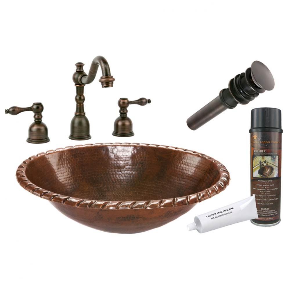 Oval Roped Rim Self Rimming Hammered Copper Sink with ORB Widespread Faucet, Matching Drain and Ac