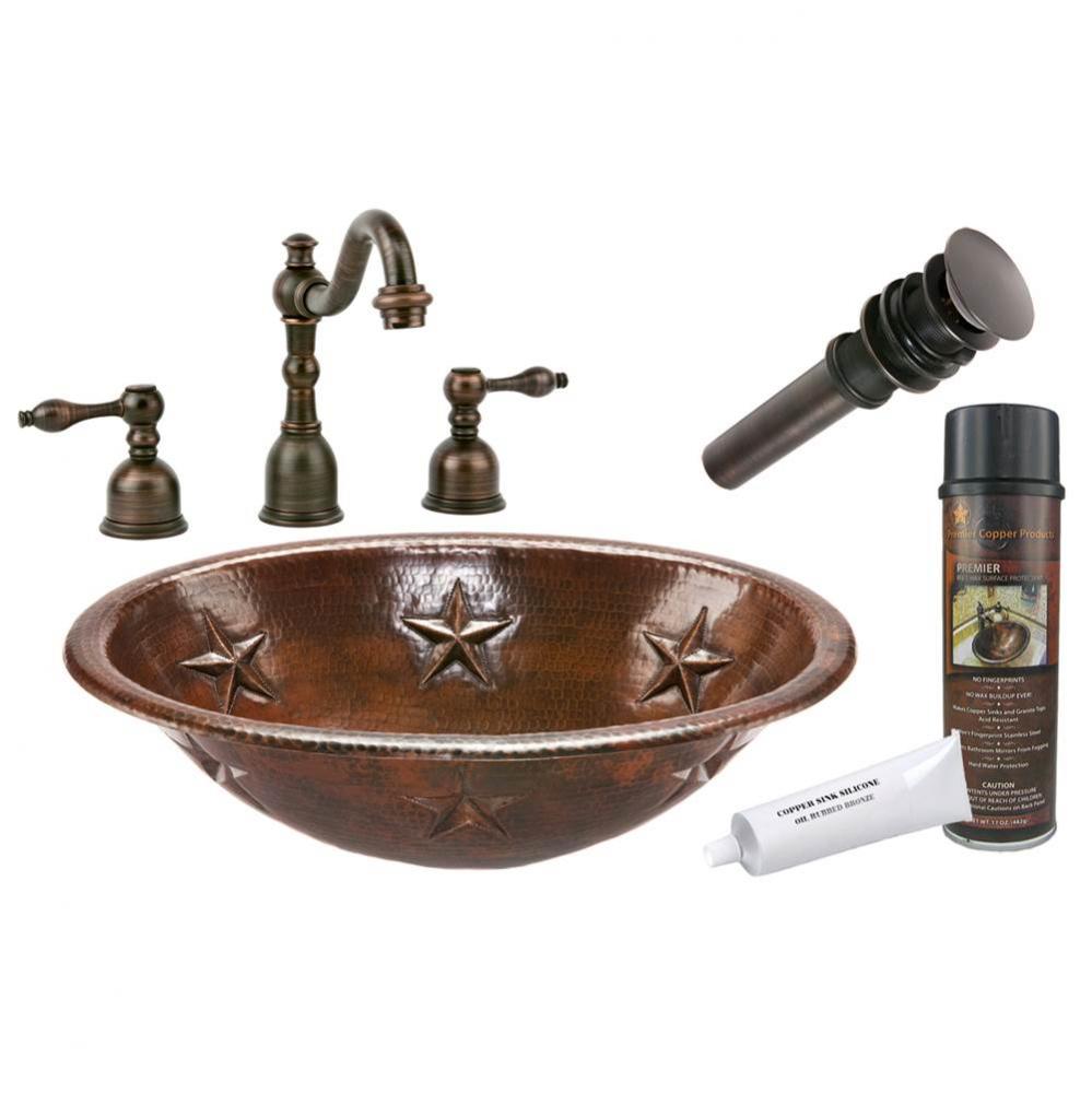 Oval Star Self Rimming Hammered Copper Sink with ORB Widespread Faucet, Matching Drain and Accesso