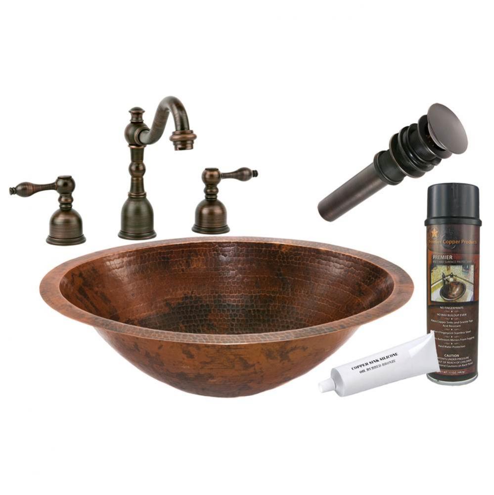Master Bath Oval Under Counter Hammered Copper Sink with ORB Widespread Faucet, Matching Drain and
