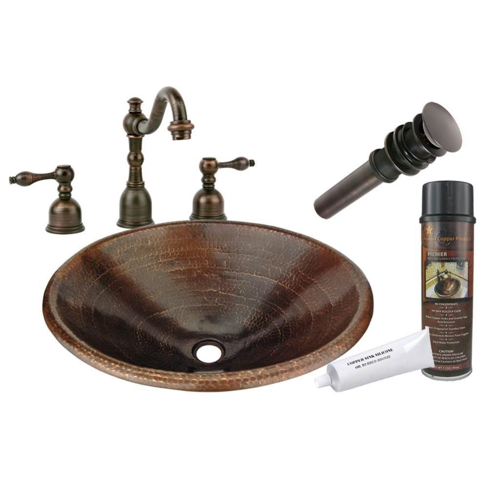 Master Bath Oval Self Rimming Hammered Copper Sink with ORB Widespread Faucet, Matching Drain and