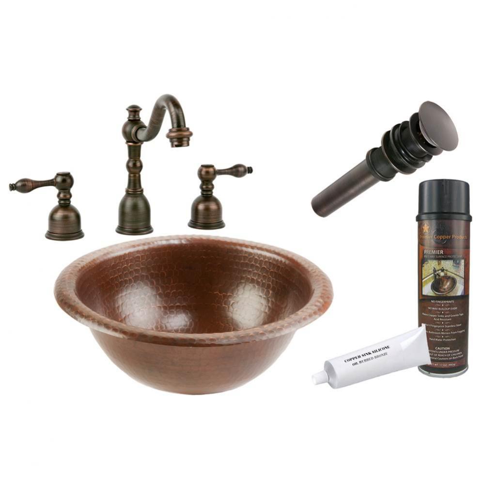 Small Round Self Rimming Hammered Copper Sink with ORB Widespread Faucet, Matching Drain and Acces