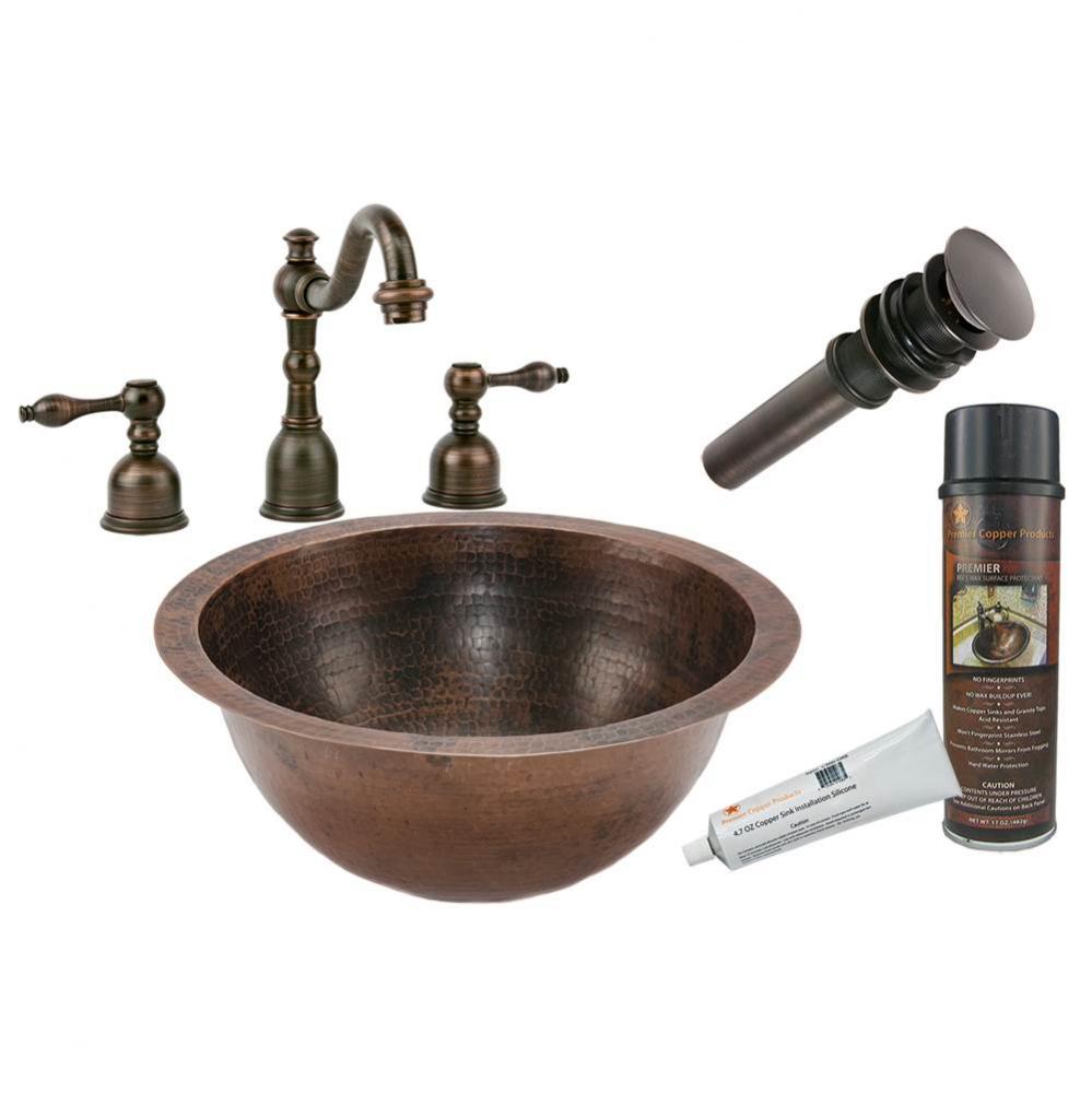 Small Round Under Counter Hammered Copper Sink with ORB Widespread Faucet, Matching Drain and Acce