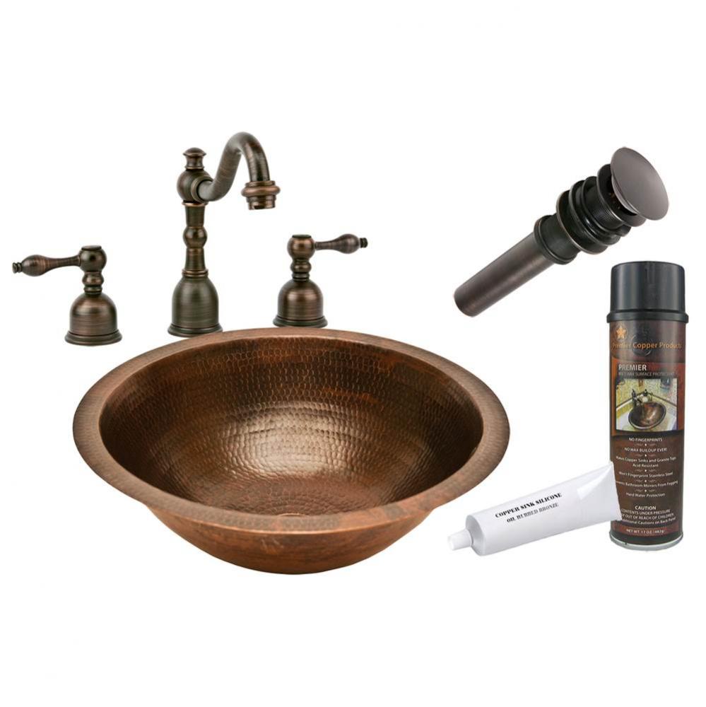 Round Under Counter Hammered Copper Sink with ORB Widespread Faucet, Matching Drain and Accessorie