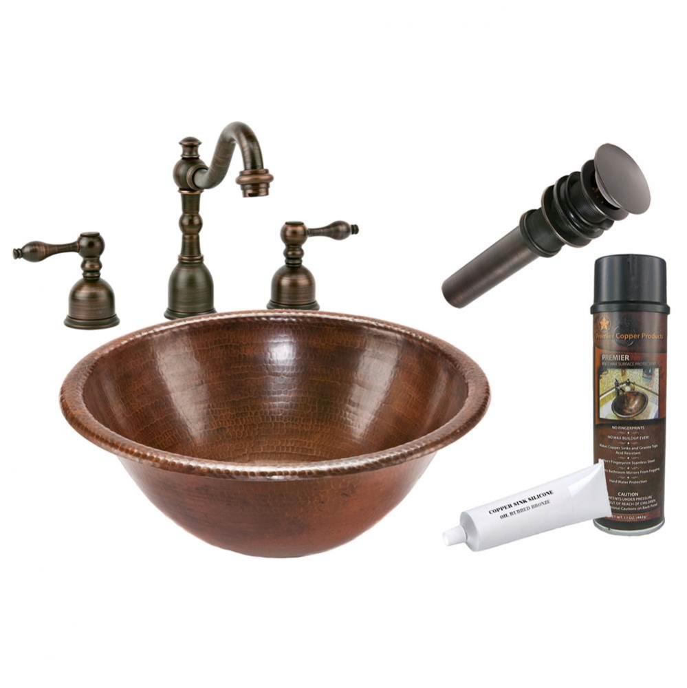 Round Self Rimming Hammered Copper Sink with ORB Widespread Faucet, Matching Drain and Accessories