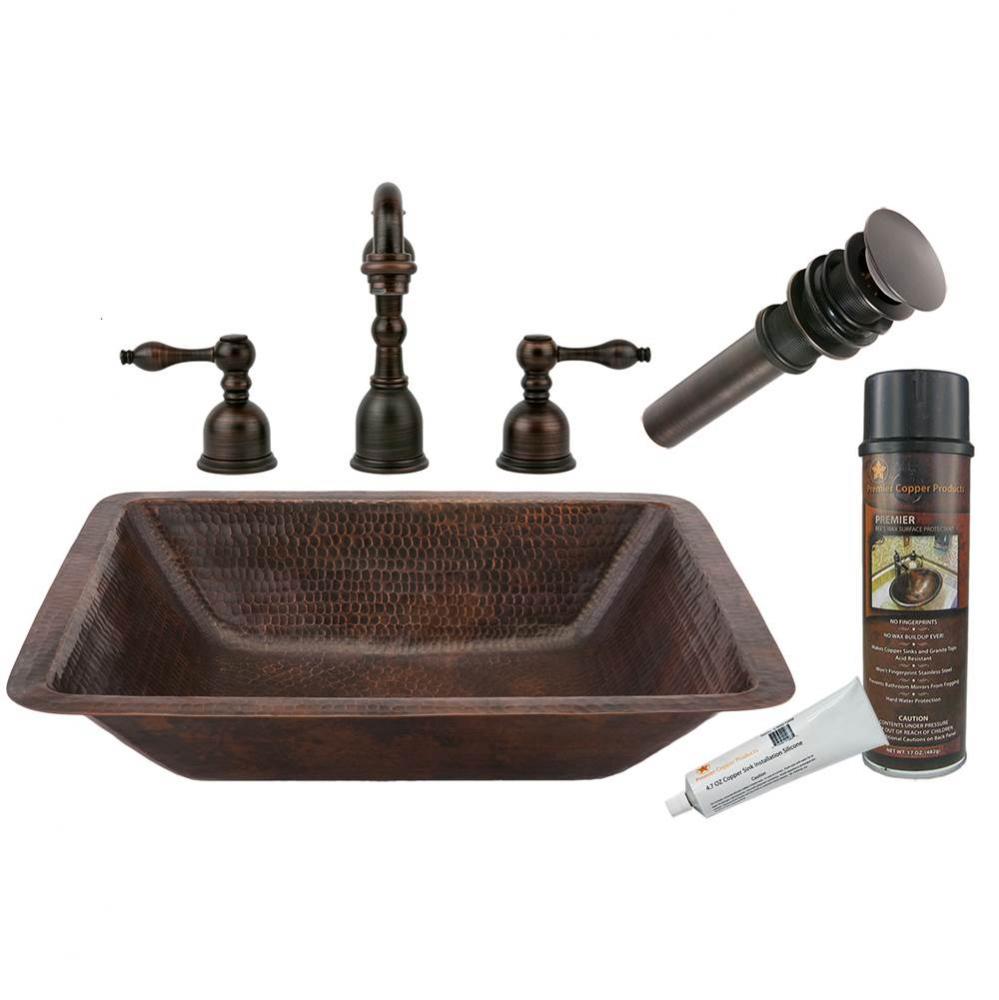 Rectangle Under Counter Hammered Copper Sink with ORB Widespread Faucet, Matching Drain and Access