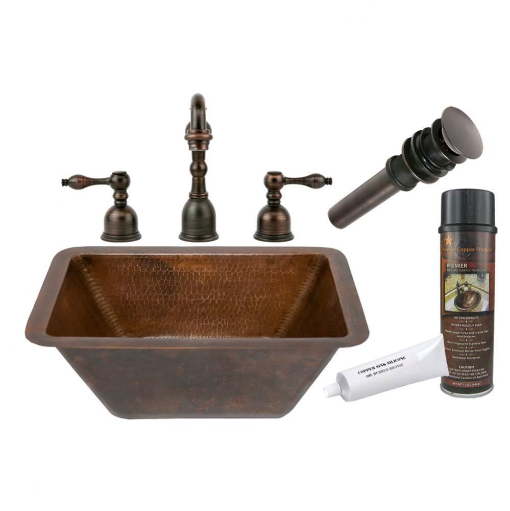 Rectangle Hammered Copper Sink with ORB Widespread Faucet, Matching Drain and Accessories