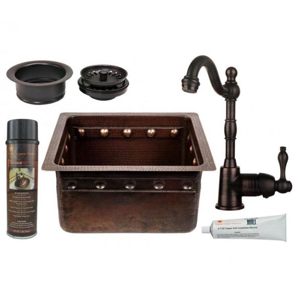 16'' Gourmet Rectangular Hammered Copper Bar/Prep Sink, ORB Single Handle Bar Faucet, 3.