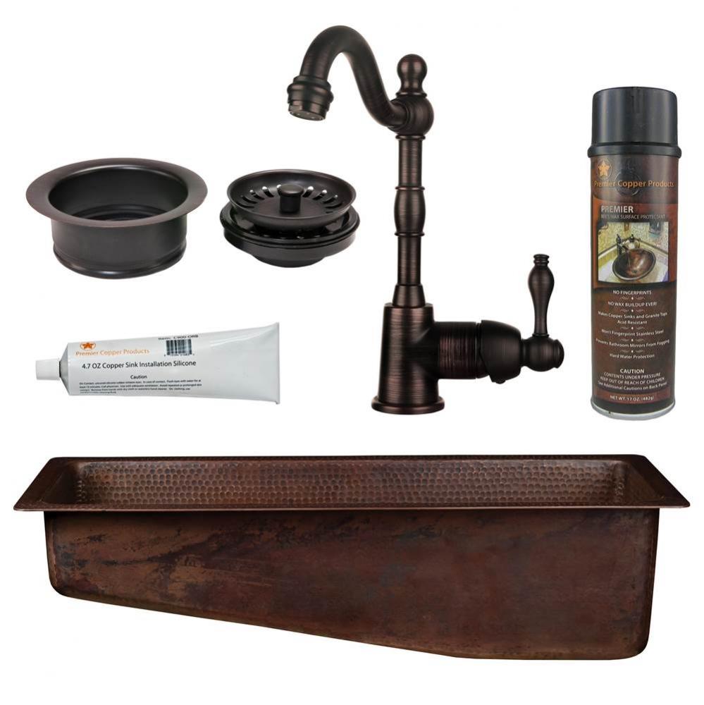 28'' Rectangle Hammered Copper Slanted Bar/Prep Sink, ORB Single Handle Bar Faucet, 3.5&