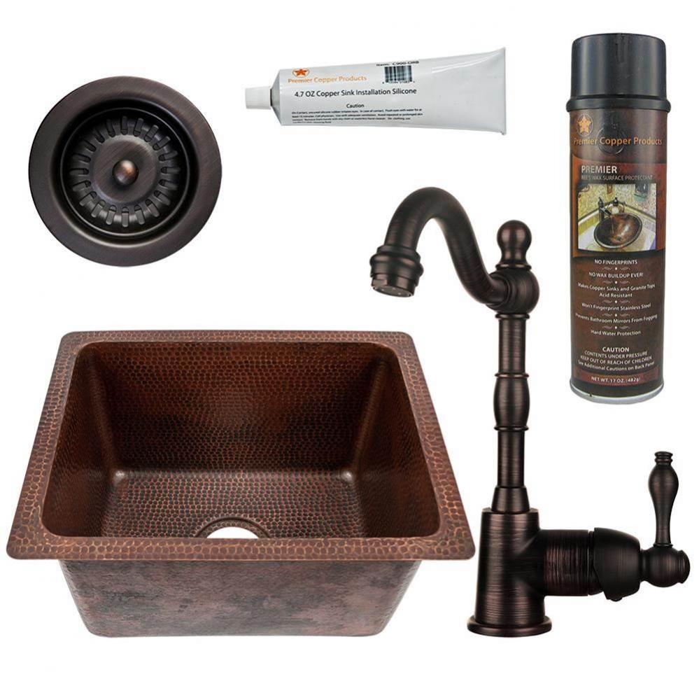 17'' Rectangle Hammered Copper Bar/Prep/Laundry/Utility Sink, ORB Single Handle Bar Fauc