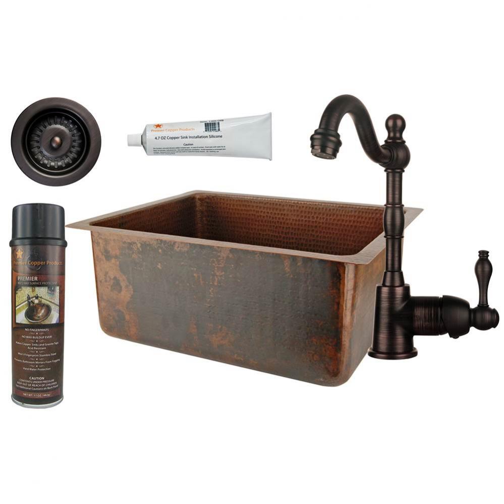 20'' Hammered Copper Kitchen/Bar/Prep Single Basin Sink, ORB Single Handle Bar Faucet, 3