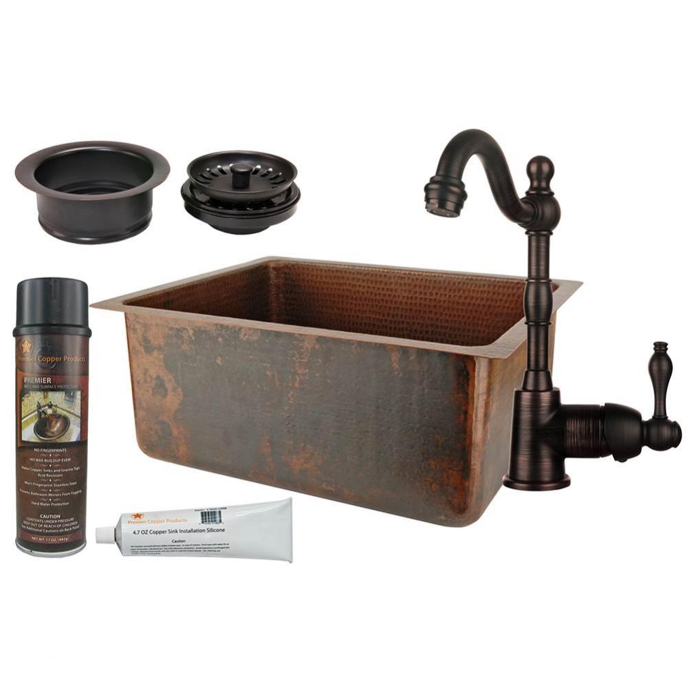 20'' Hammered Copper Kitchen/Bar/Prep Single Basin Sink, ORB Single Handle Bar Faucet, 3