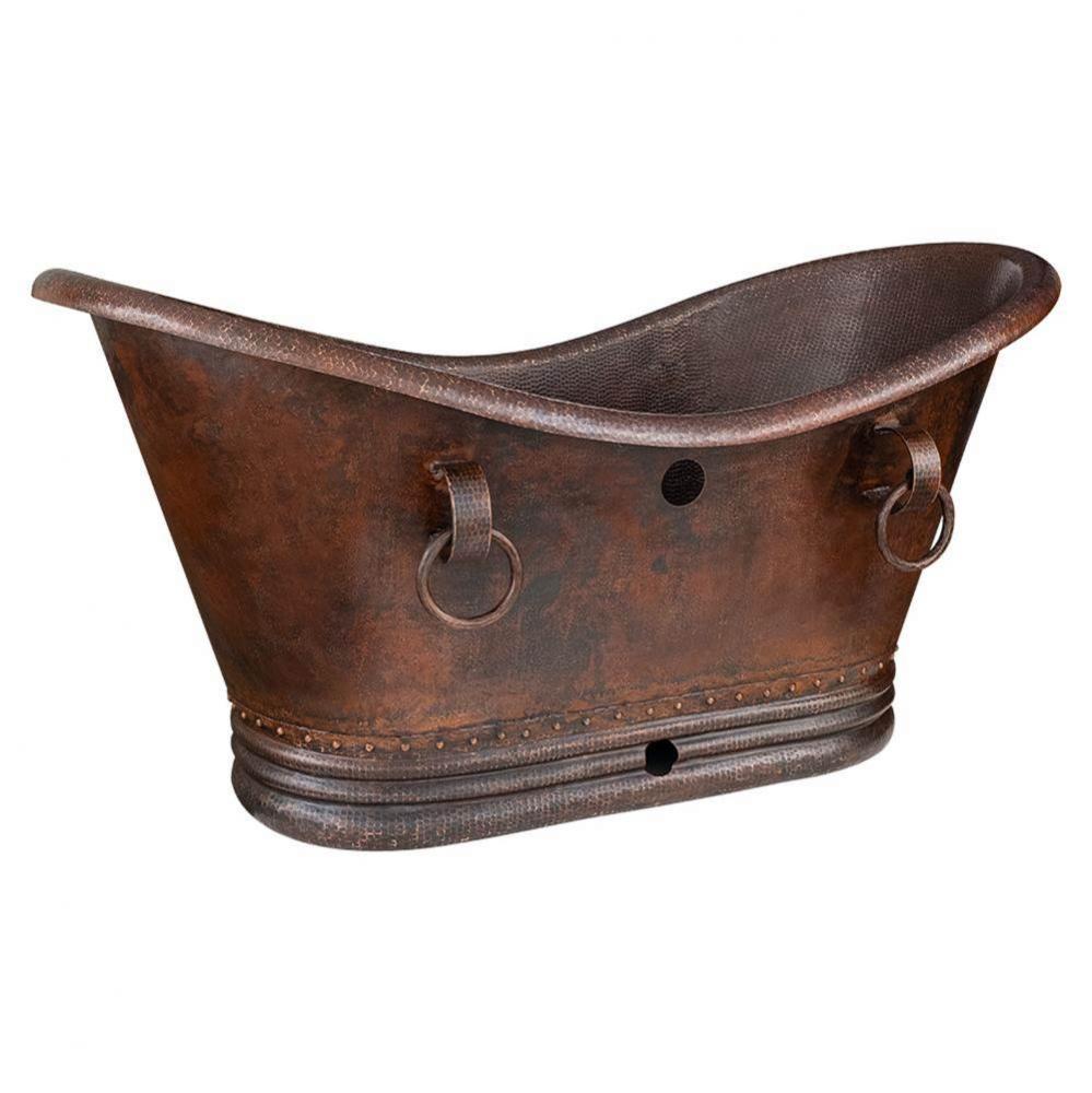 60'' Hammered Copper Double Slipper Bathtub with Rings and Overflow Holes