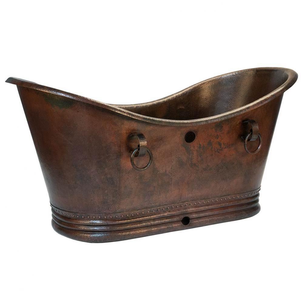 72'' Hammered Copper Double Slipper Bathtub with Rings and Overflow Holes