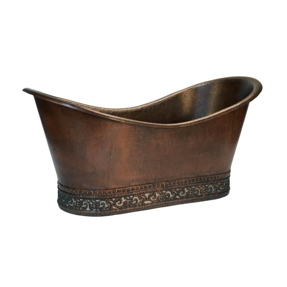 67'' Hammered Copper Double Slipper Bathtub with Scroll Base and Nickel Inlay