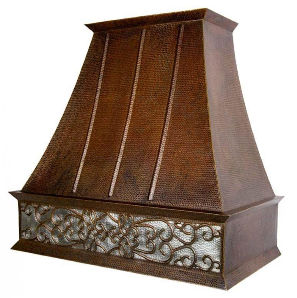 38'' Hammered Copper Wall Mounted Euro Range Hood with Nickel Scroll Background Design