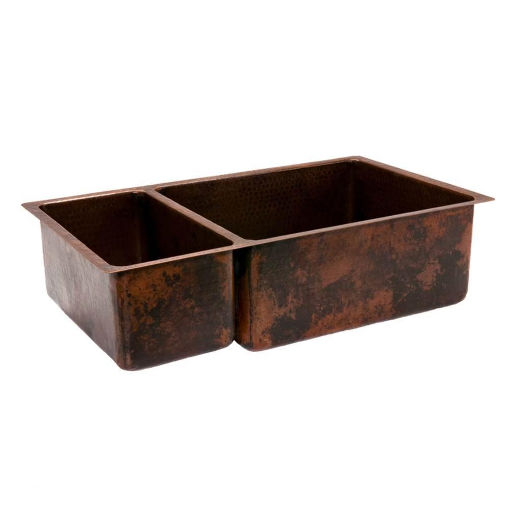 33'' Hammered Copper Kitchen 25/75 Double Basin Sink