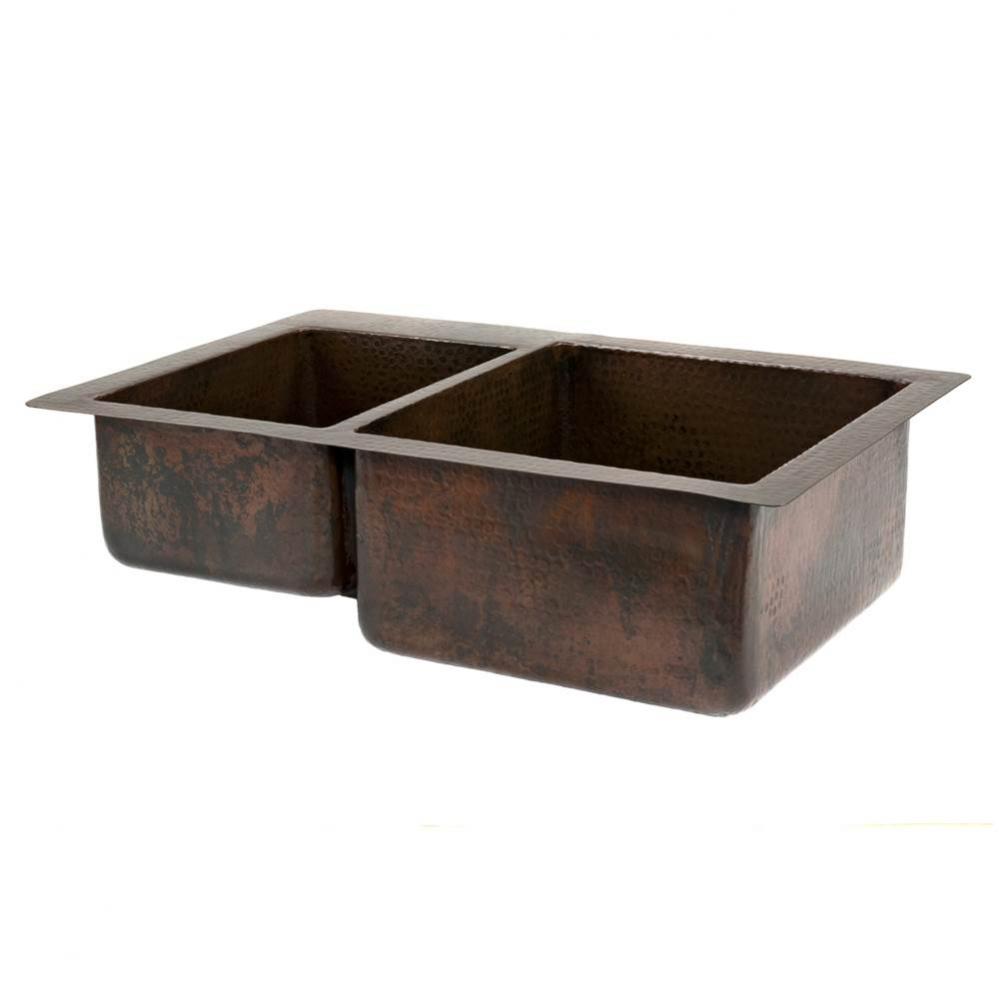 33'' Hammered Copper Kitchen 40/60 Double Basin Sink