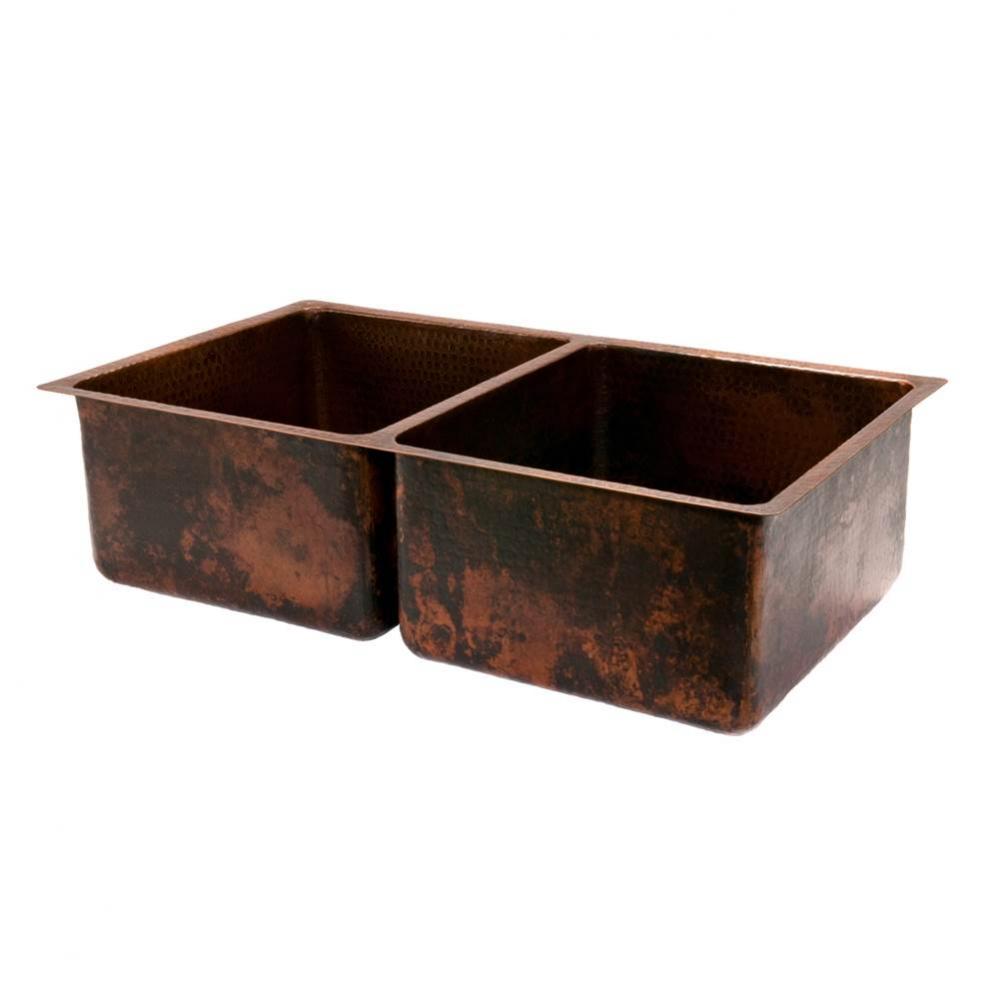 33'' Hammered Copper Kitchen 50/50 Double Basin Sink