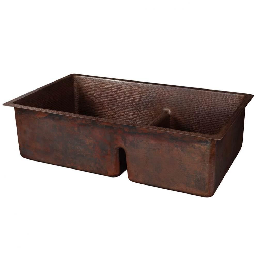 33'' Hammered Copper Kitchen 60/40 Double Basin Sink with Short 5'' Divider