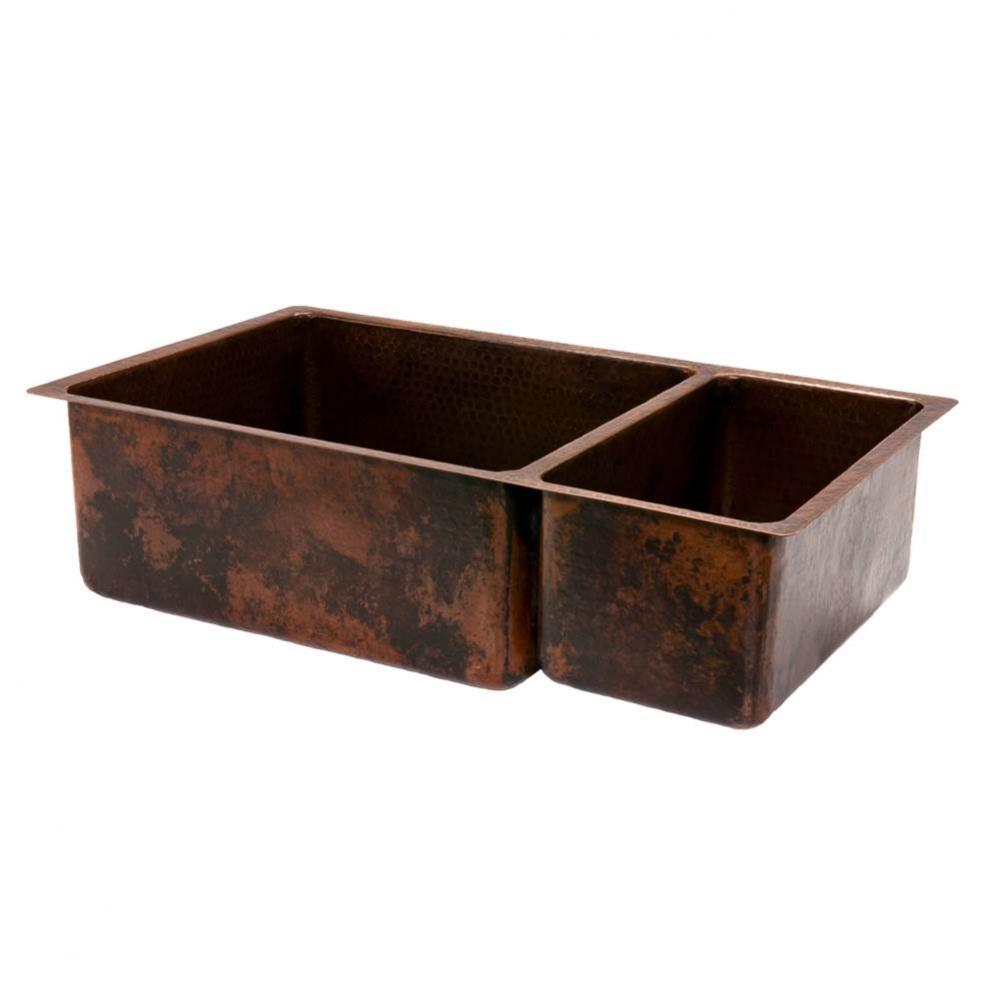 33'' Hammered Copper Kitchen 75/25 Double Basin Sink