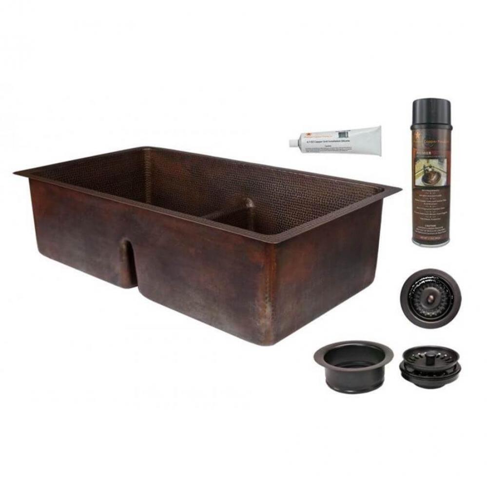33'' Hammered Copper Kitchen 50/50 Double Basin Sink with Short 5'' Divider w/
