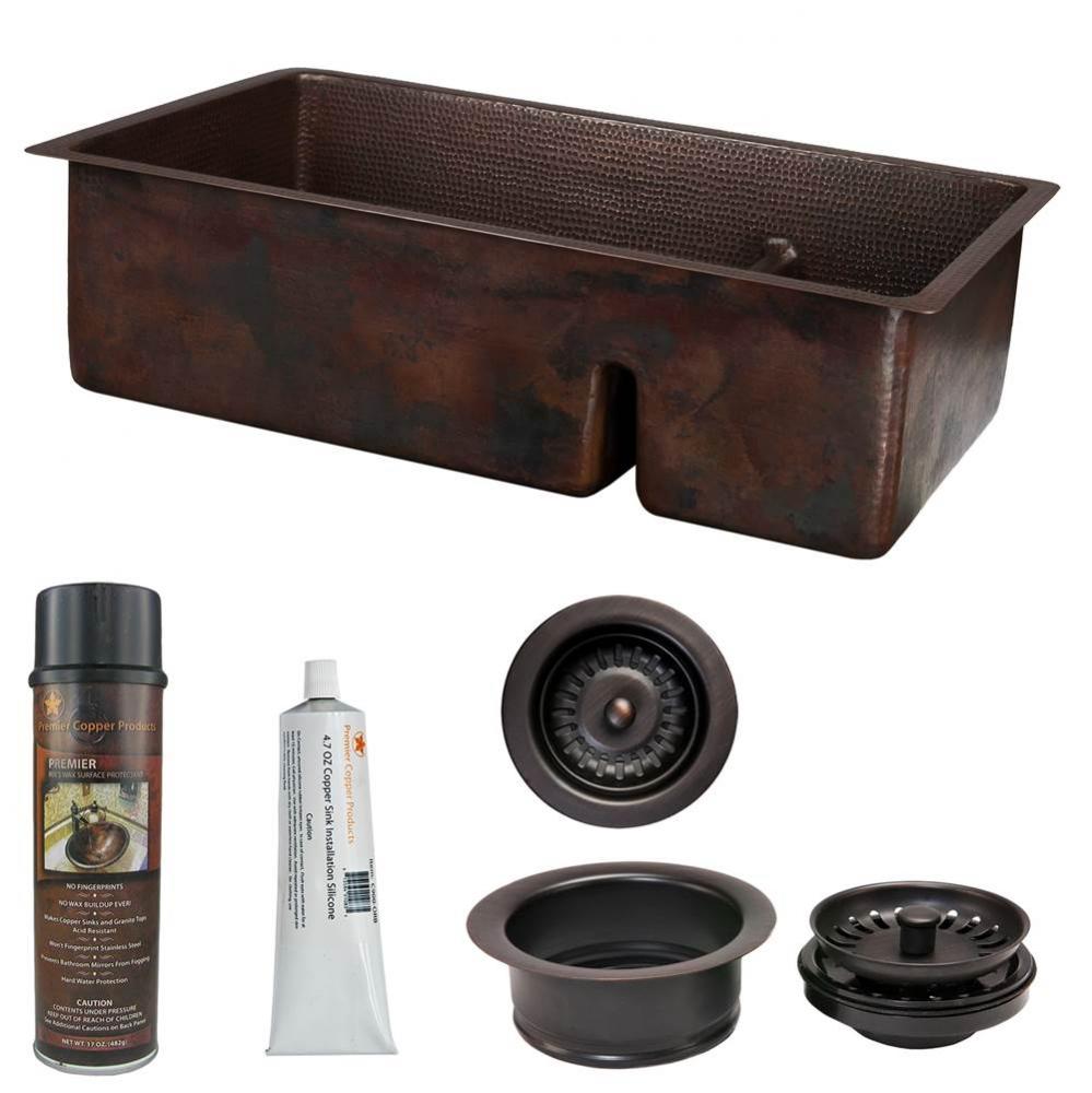 33'' Hammered Copper Kitchen 70/30 Double Basin Sink with Short 5'' Divider w/