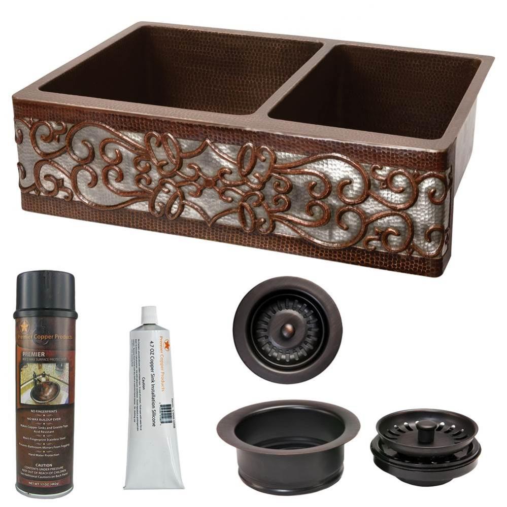 33'' Hammered Copper Kitchen Apron 60/40 Double Basin Sink w/ Scroll Design and Apron Fr