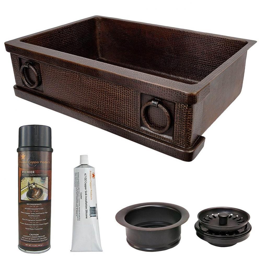 33'' Hammered Copper Kitchen Apron Single Basin Sink w/ Rings with Matching Drain and Ac