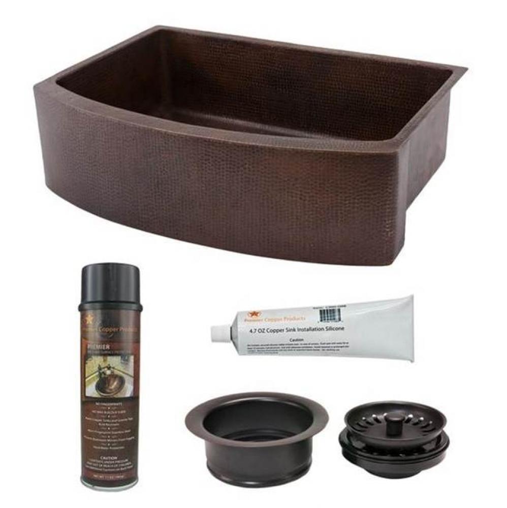 30'' Hammered Copper Kitchen Rounded Apron Single Basin Sink with Matching Drains, and A