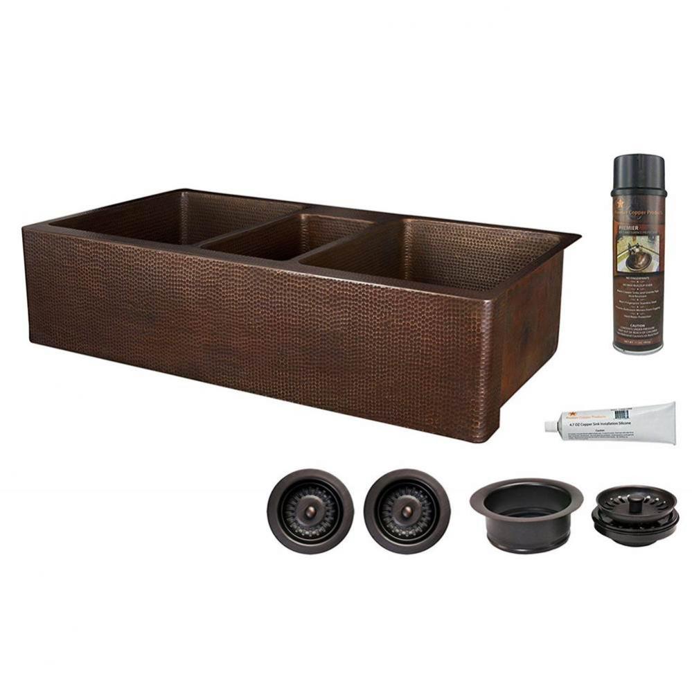 42'' Hammered Copper Kitchen Apron Triple Basin Sink w/ Matching Drains and Accessories