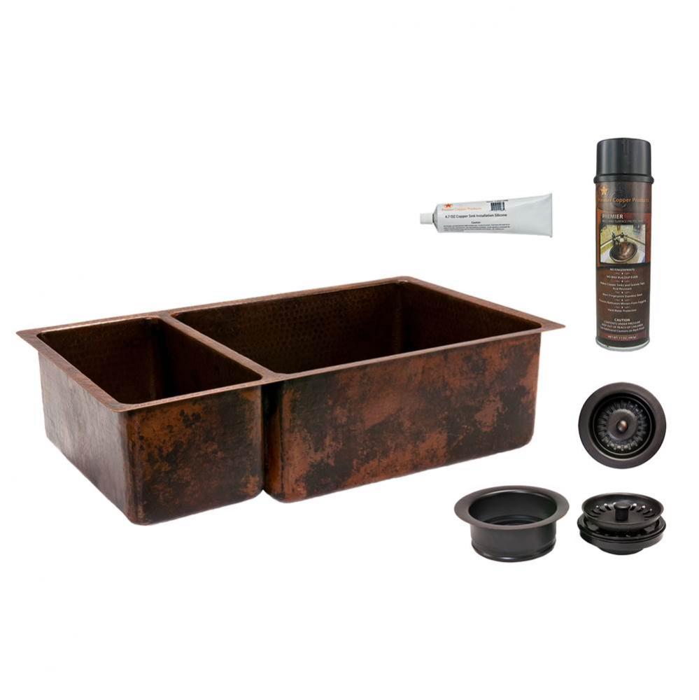 33'' Hammered Copper Kitchen 25/75 Double Basin Sink with Matching Drains, and Accessori