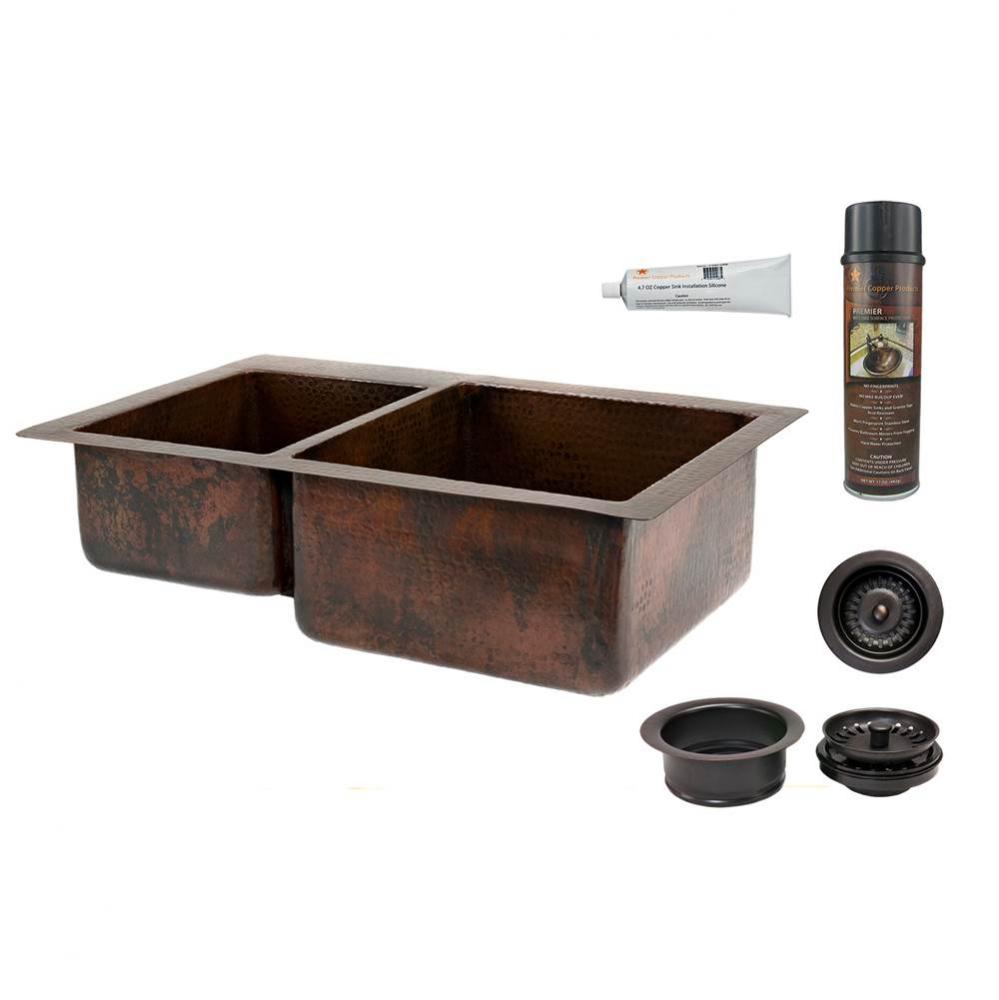 33'' Hammered Copper Kitchen 40/60 Double Basin Sink with Matching Drains, and Accessori