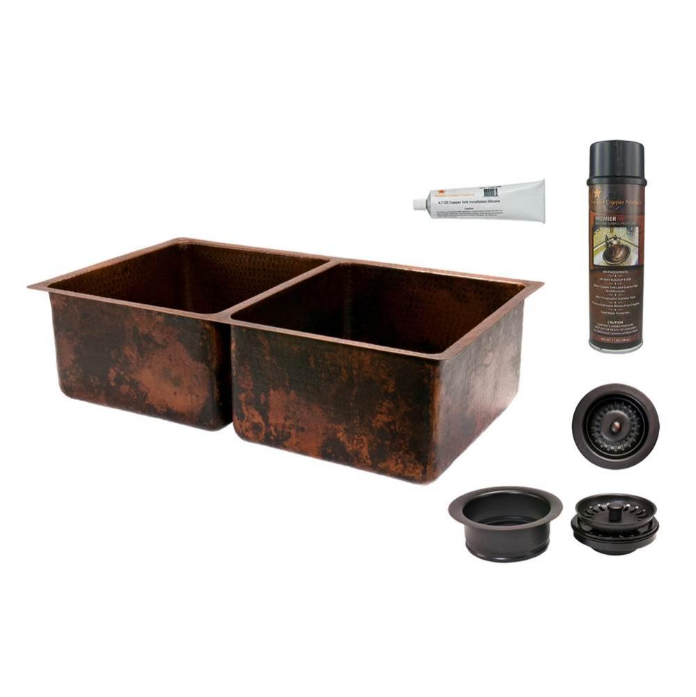 33'' Hammered Copper Kitchen 50/50 Double Basin Sink with Matching Drains, and Accessori