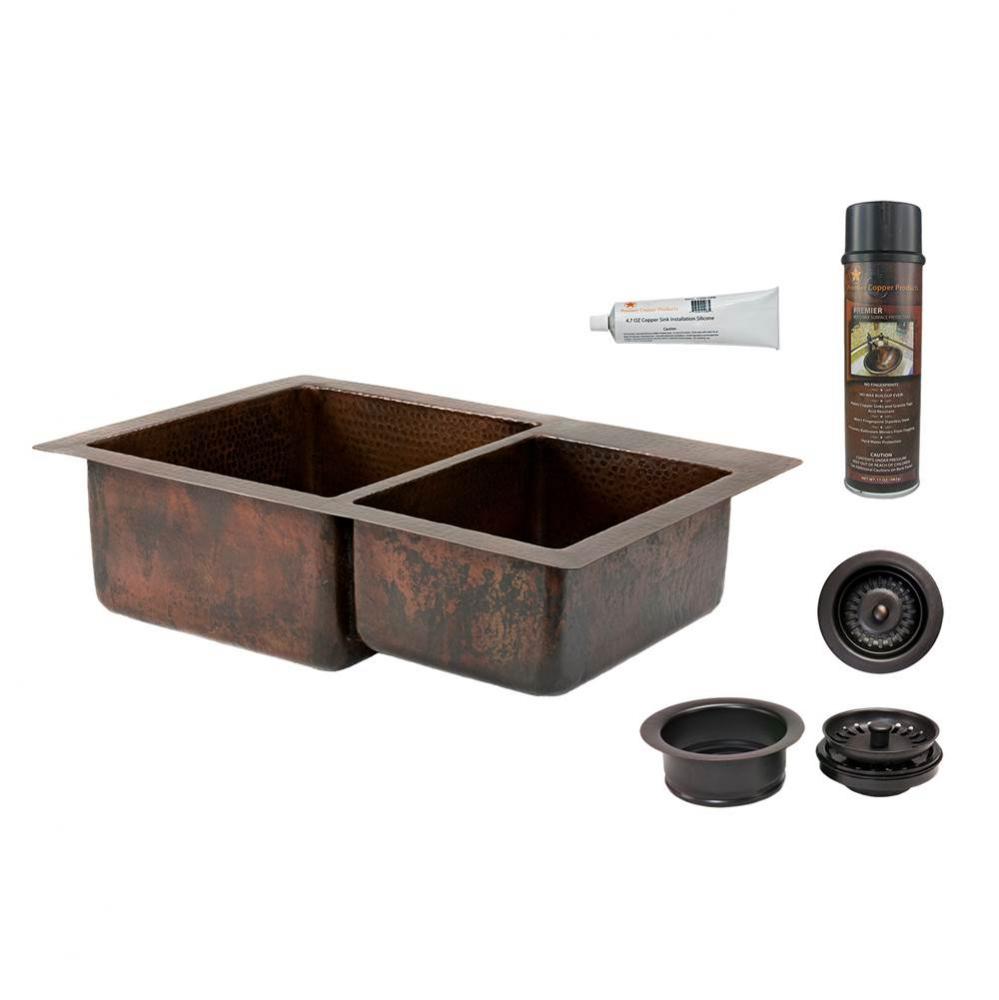 33'' Hammered Copper Kitchen 60/40 Double Basin Sink with Matching Drains, and Accessori