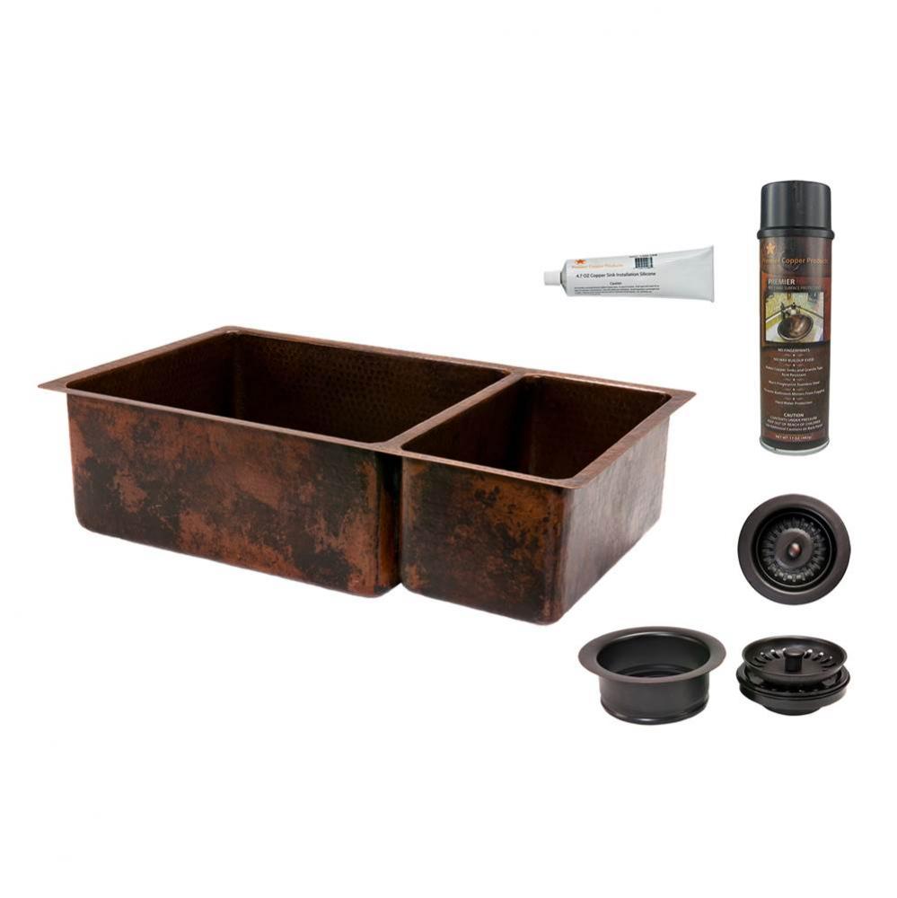 33'' Hammered Copper Kitchen 75/25 Double Basin Sink with Matching Drains, and Accessori