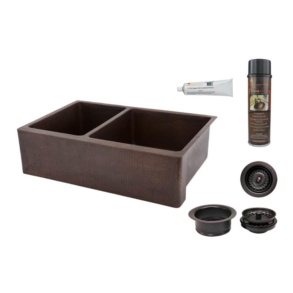 33'' Hammered Copper Kitchen Apron 40/60 Double Basin Sink with Matching Drains, and Acc