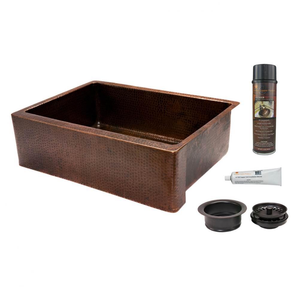 30'' Hammered Copper Kitchen Apron Single Basin Sink with Matching Drain and Accessories