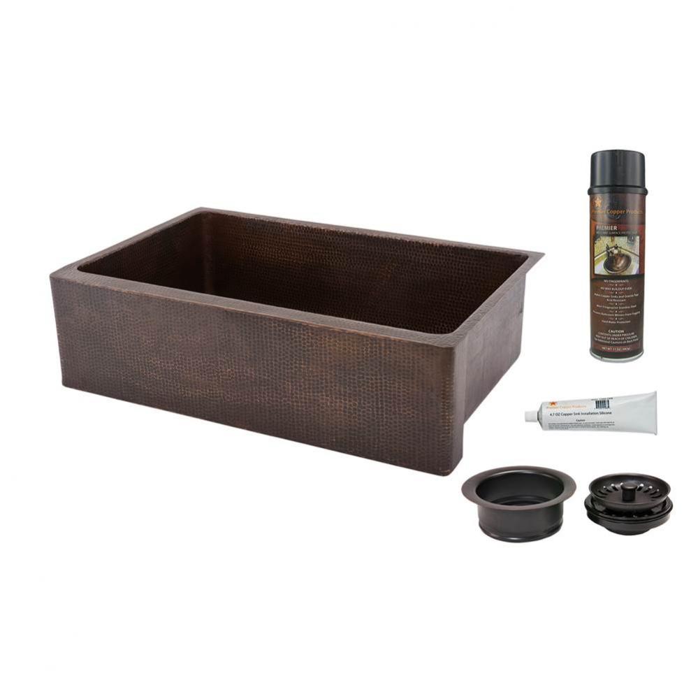 33'' Hammered Copper Kitchen Apron Single Basin Sink with Matching Drain, and Accessorie