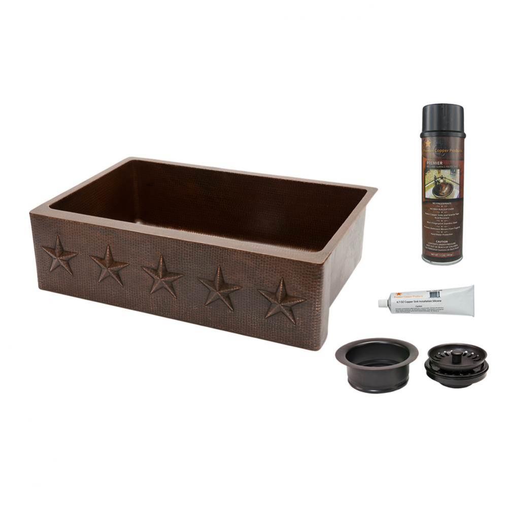 33'' Hammered Copper Kitchen Apron Single Basin Sink w/ Star Design with Matching Drain