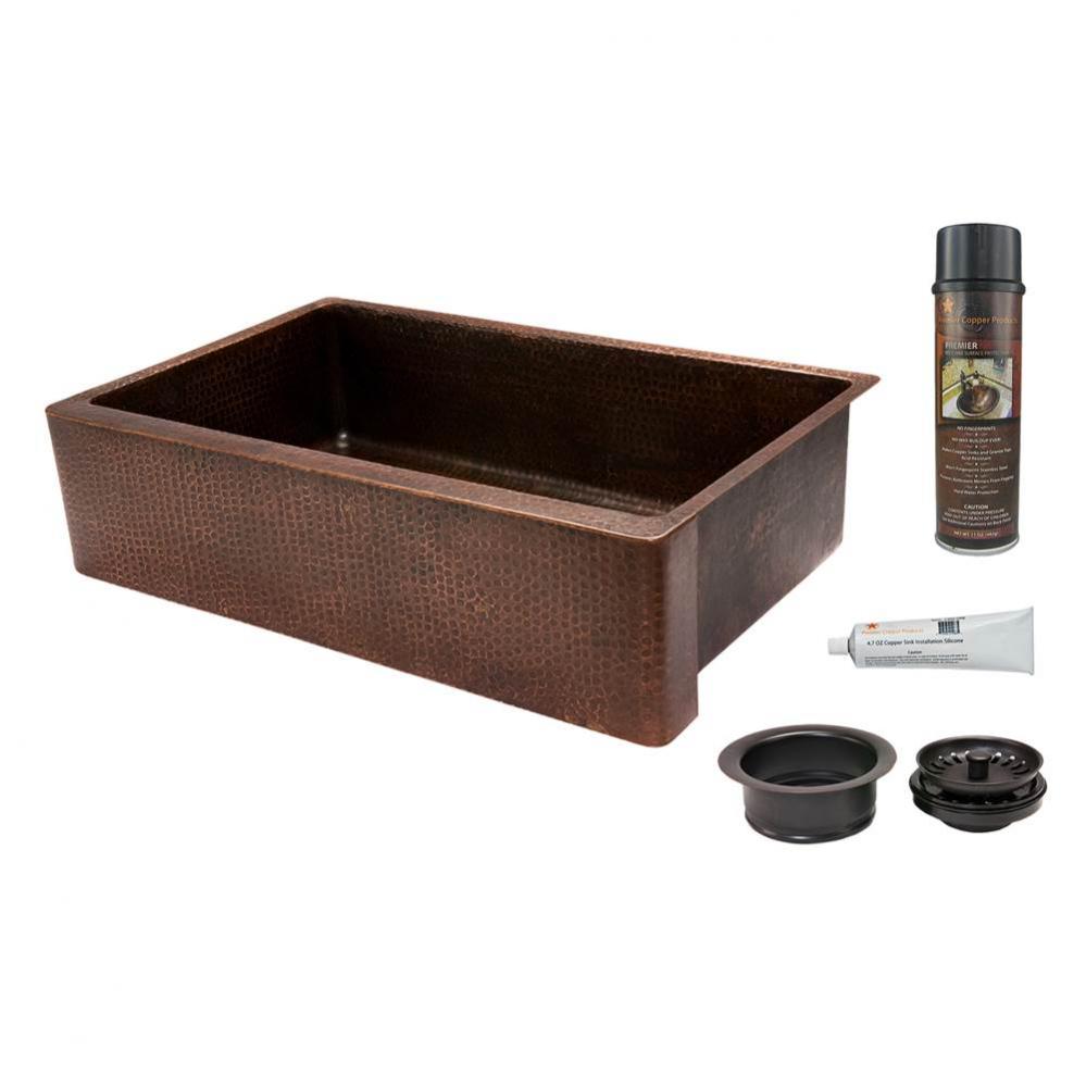 35'' Hammered Copper Kitchen Apron Single Basin Sink with Matching Drain and Accessories