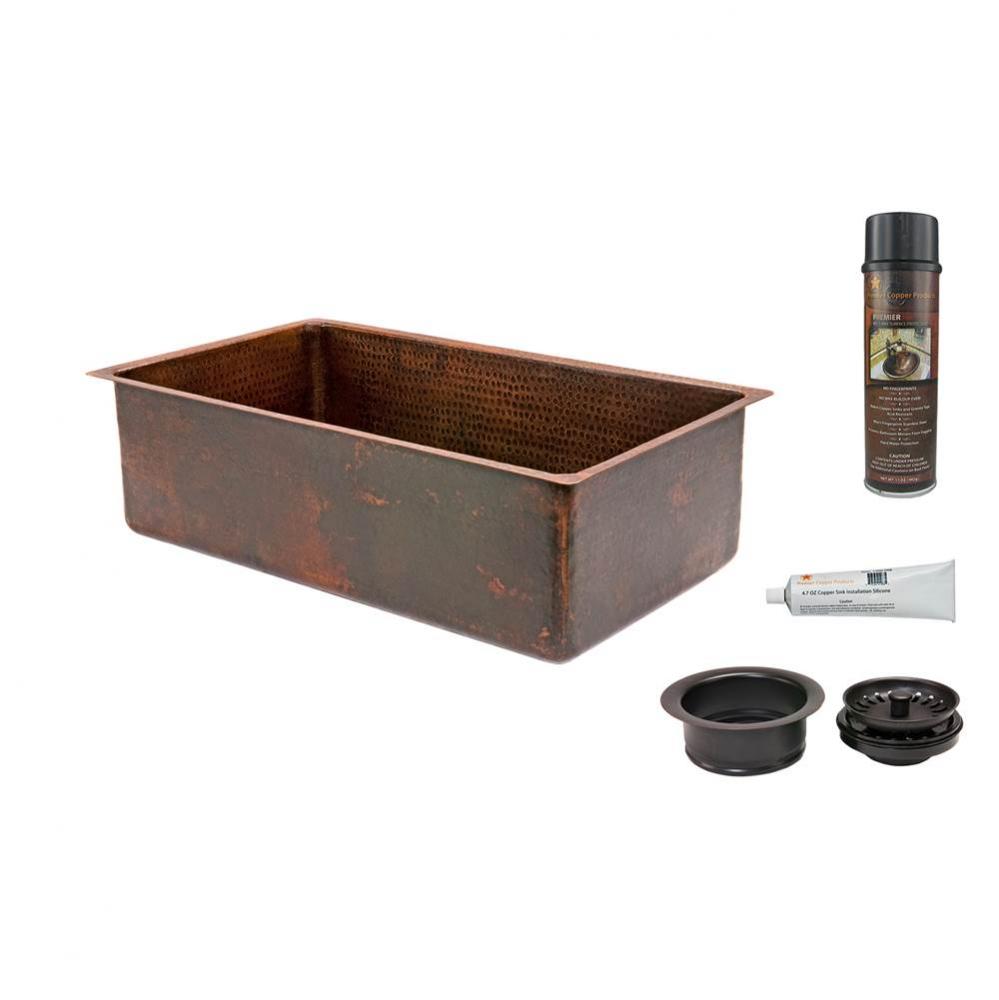 30'' Hammered Copper Kitchen Single Basin Sink with Matching Drain and Accessories