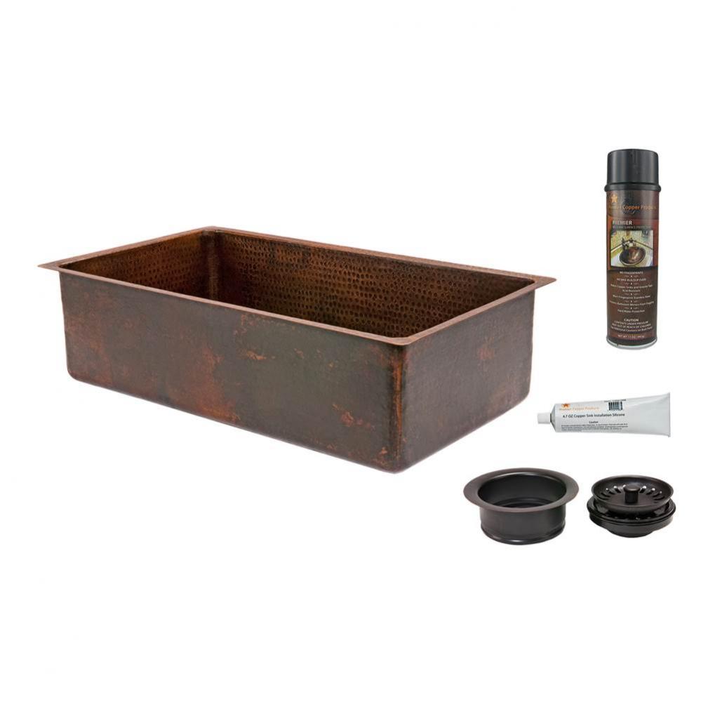 33'' Hammered Copper Kitchen Single Basin Sink with Matching Drain and Accessories