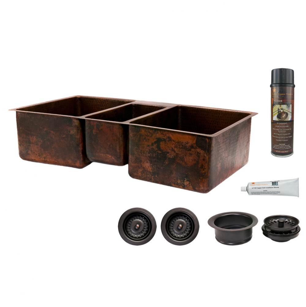 42'' Hammered Copper Kitchen Triple Basin Sink with Matching Drains, and Accessories