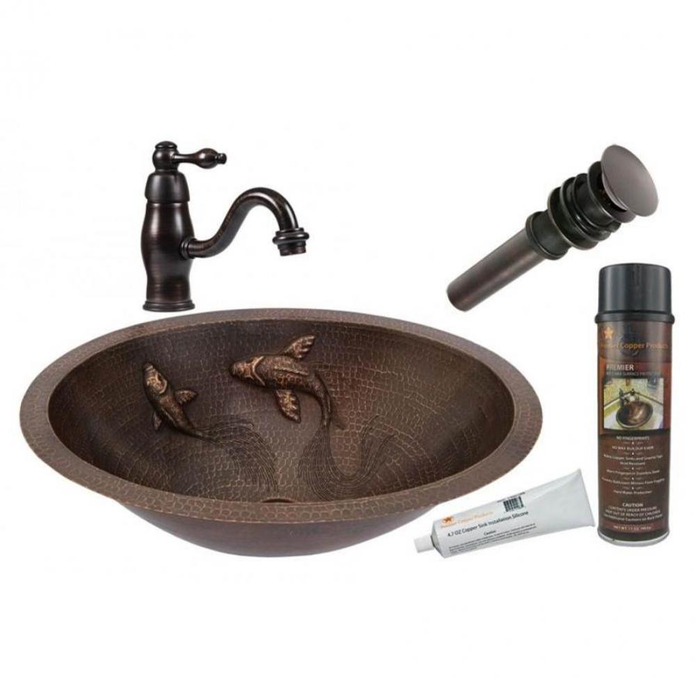 Oval Under Counter Hammered Copper Bathroom Sink with Two Small Koi Fish Design