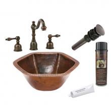 Premier Copper Products BSP2_LH15.5DB - Hexagon Under Counter Hammered Copper Sink with ORB Widespread Faucet, Matching Drain and Accessor