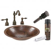 Premier Copper Products BSP2_LO17FDB - Small Oval Under Counter Hammered Copper Sink with ORB Widespread Faucet, Matching Drain and Acces