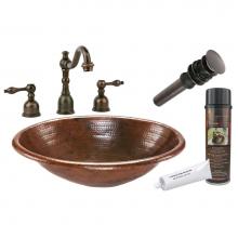 Premier Copper Products BSP2_LO19RDB - Oval Self Rimming Hammered Copper Sink with ORB Widespread Faucet, Matching Drain and Accessories