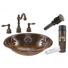 Premier Copper Products BSP2_LO19RFLDB - Oval Fleur De Lis Self Rimming Hammered Copper Sink with ORB Widespread Faucet, Matching Drain and