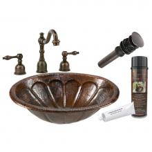 Premier Copper Products BSP2_LO19RSBDB - Oval Sunburst Self Rimming Hammered Copper Sink with ORB Widespread Faucet, Matching Drain and Acc