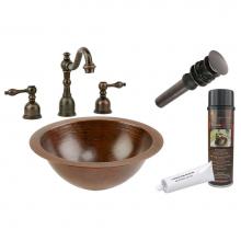 Premier Copper Products BSP2_LR12FDB - Small Round Under Counter Hammered Copper Sink with ORB Widespread Faucet, Matching Drain and Acce